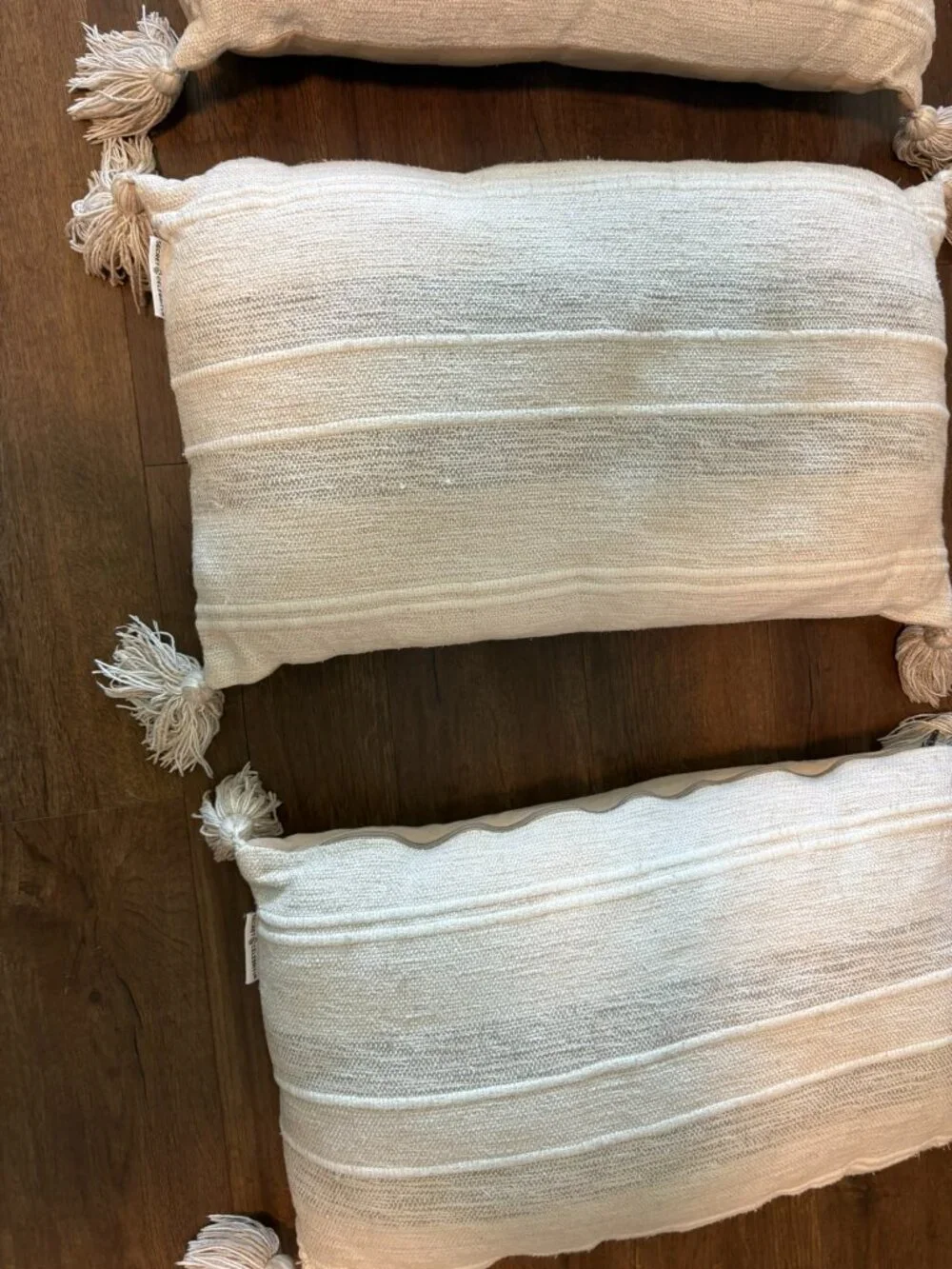 Set of 3 Neutral Boho Lumbar Pillows Cream Woven Tassels 22x13